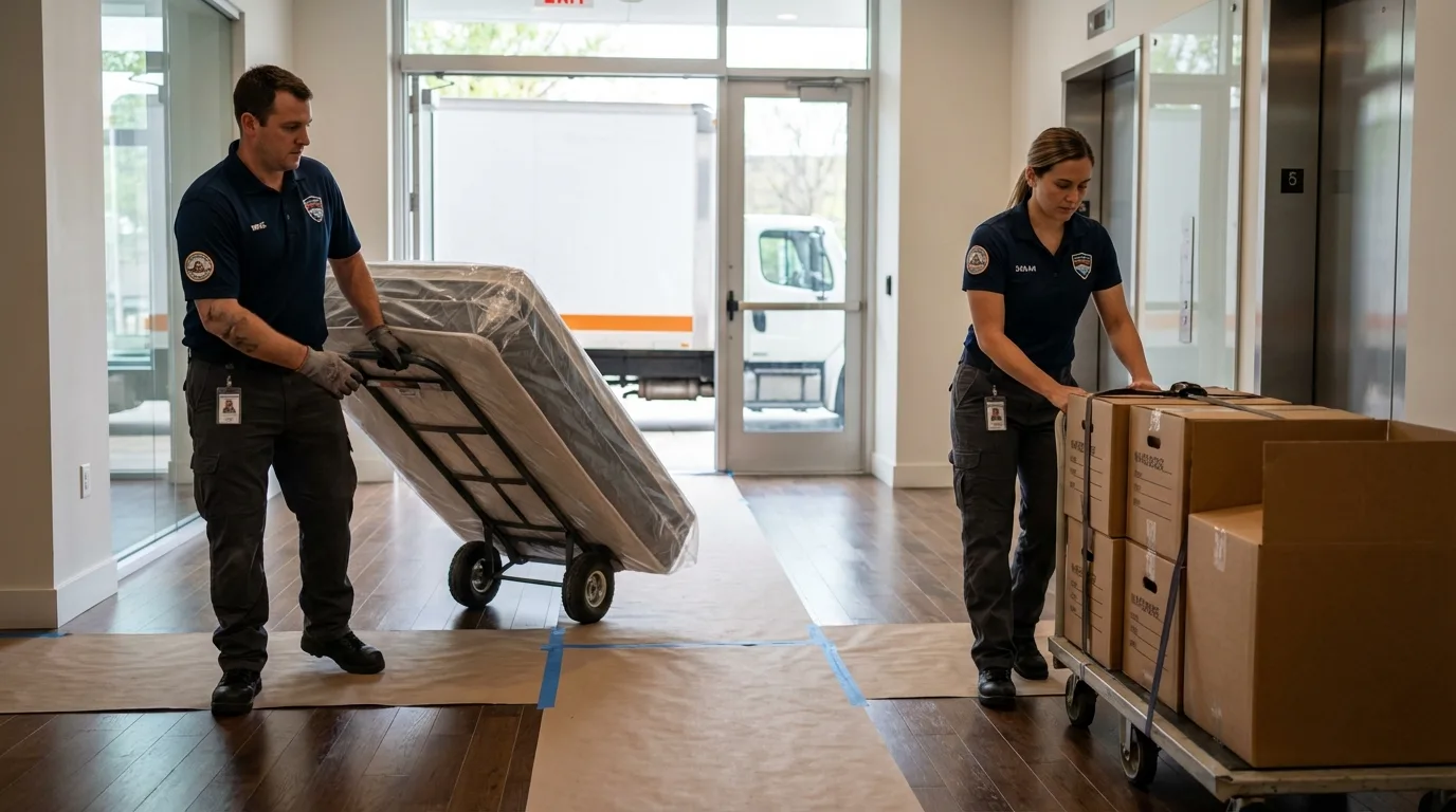 Professional apartment movers loading elevator in Arecibo, PR
