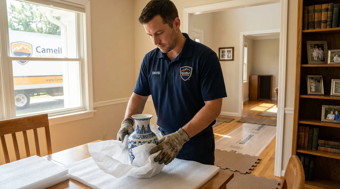 Professional crew carefully wrapping antique vase for senior downsizing move in Arecibo, PR